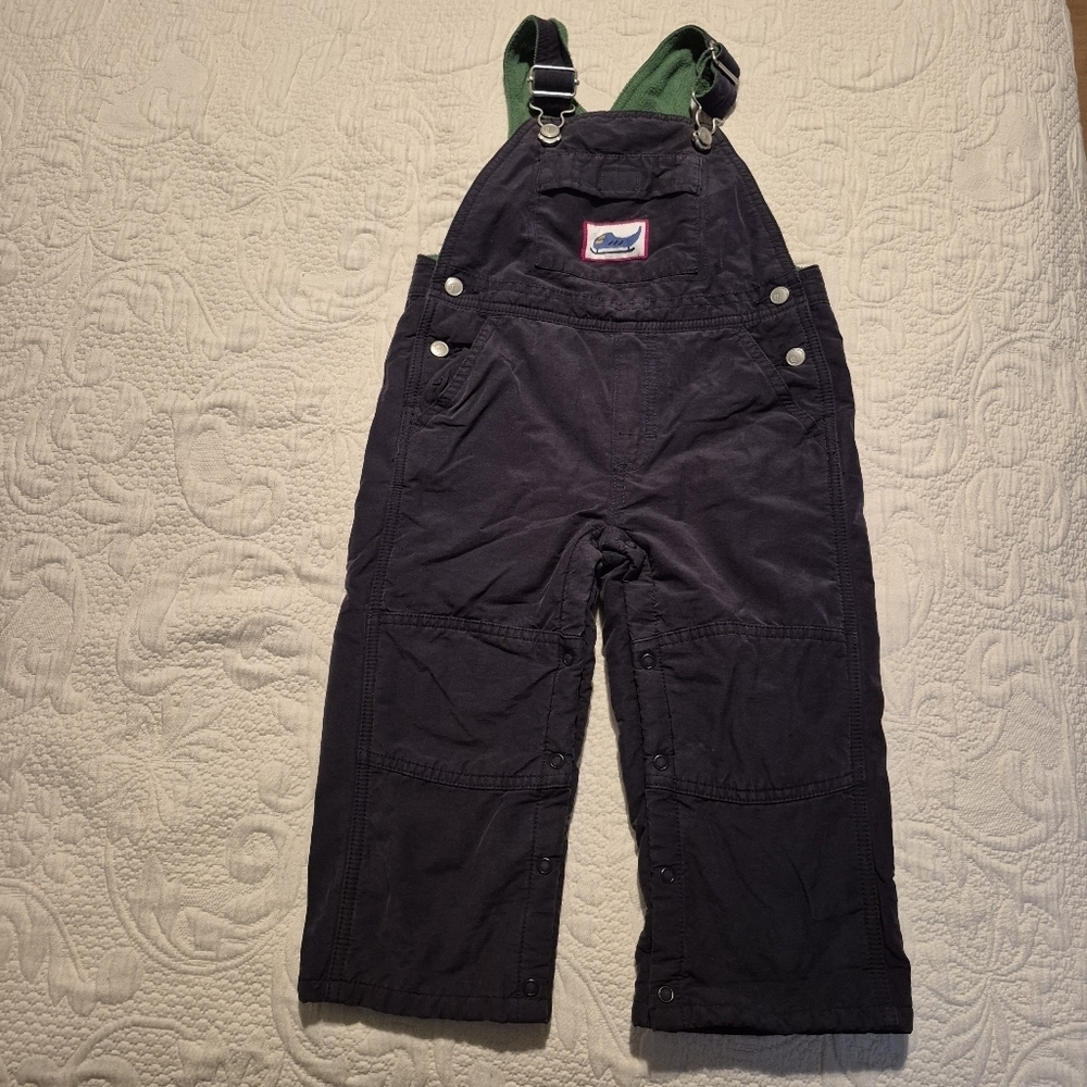 Gymboree boys size 2T blue overalls with green fleece lining, waist snaps VGUC